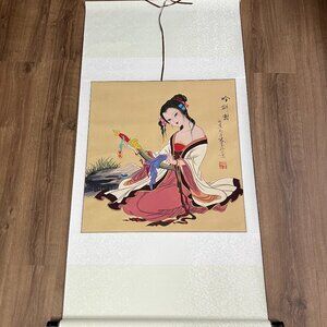 Asian Chinese Hanging Scroll Art Geisha with Sword Hand Painted 56" x 29"